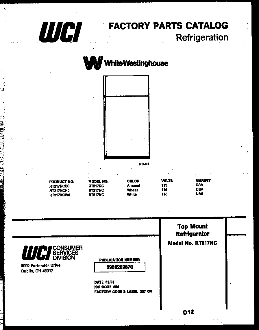 White-Westinghouse RT217NCH0 cover page diagram