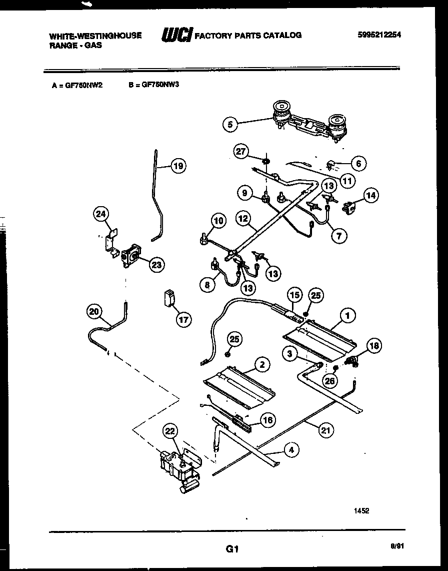 White-Westinghouse GF750NW2 burner, manifold and gas control diagram