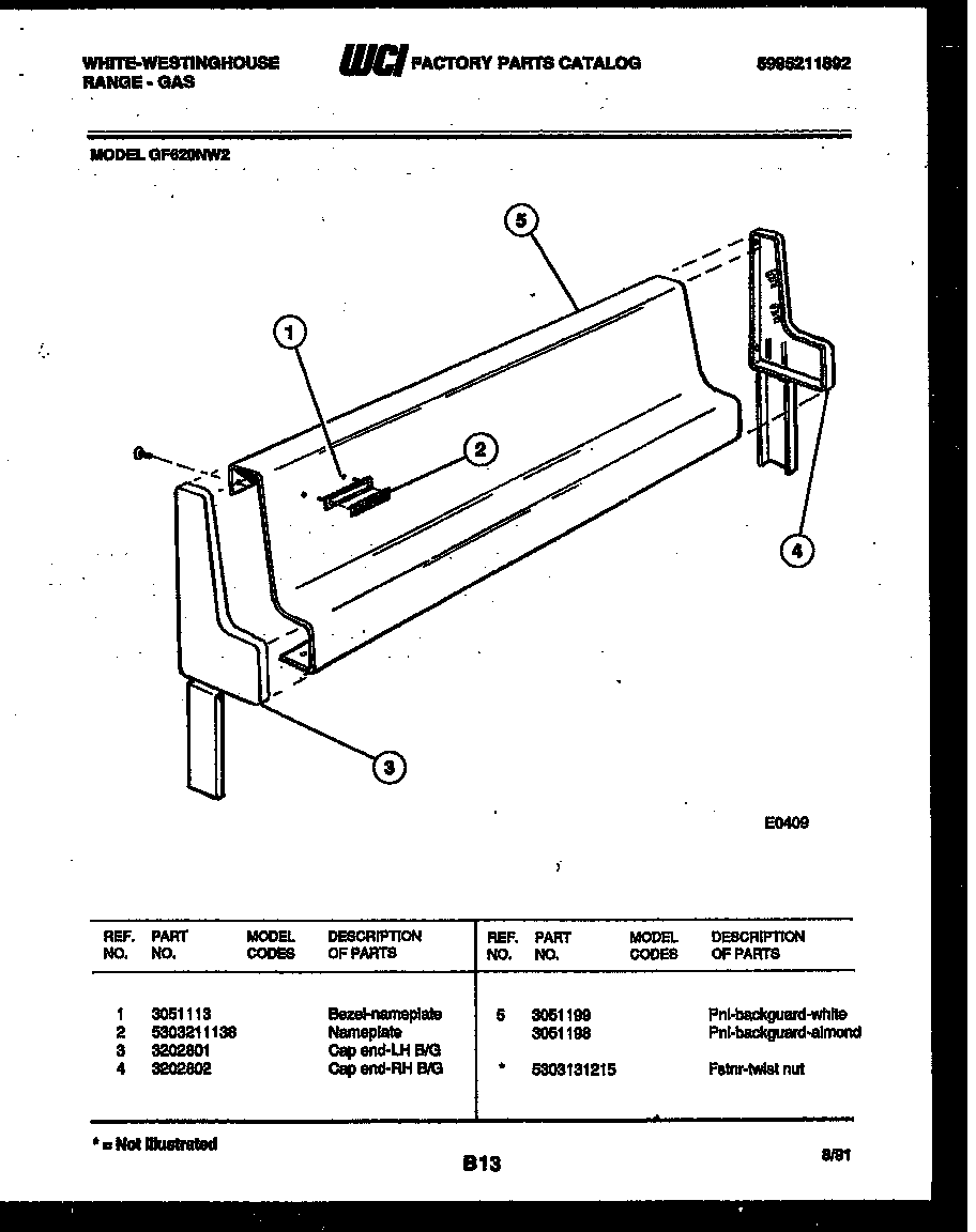White-Westinghouse GF620ND2 backguard diagram