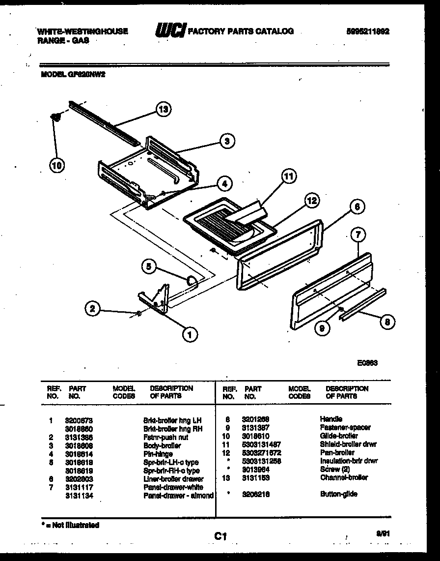 White-Westinghouse GF620ND2 broiler drawer parts diagram
