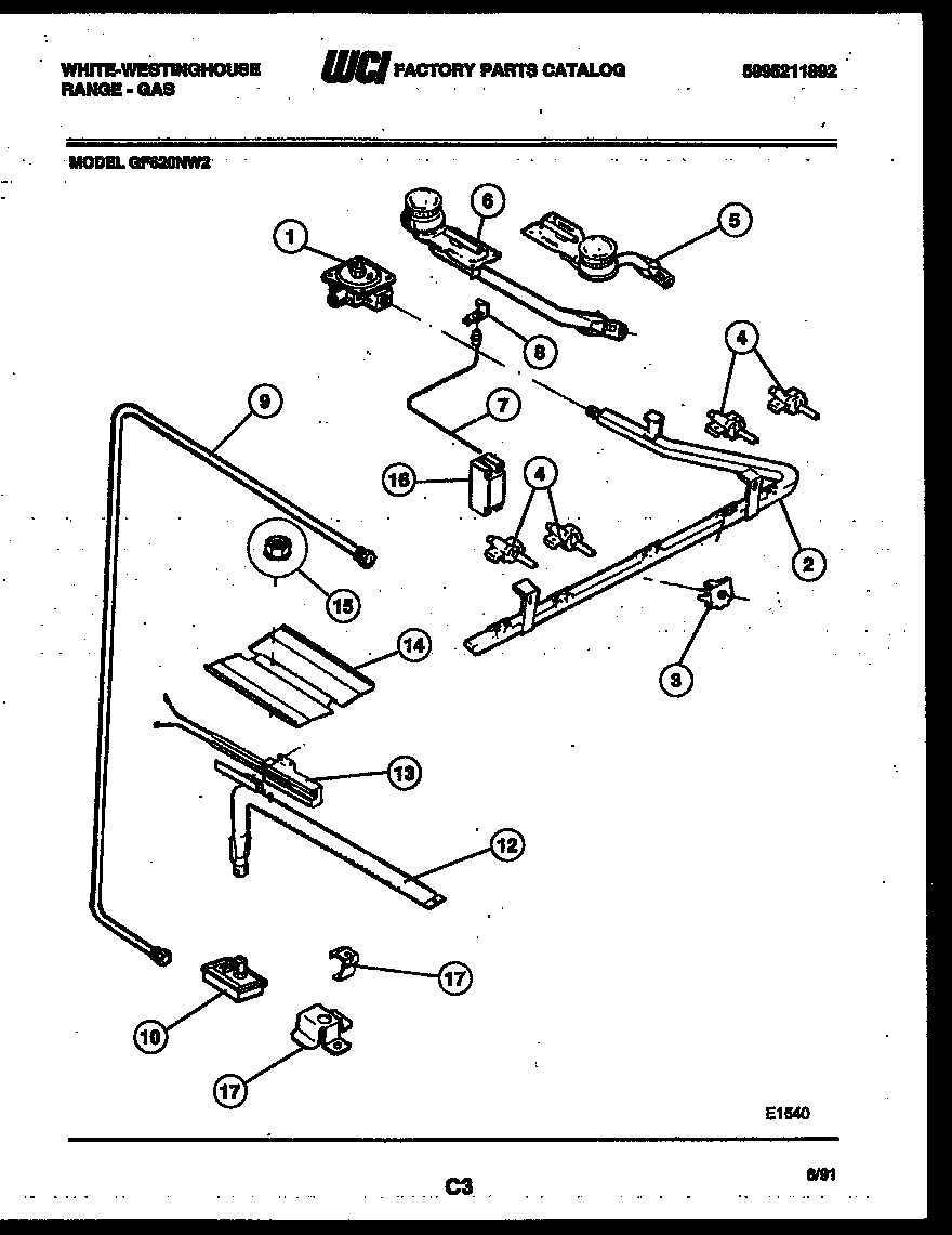 White-Westinghouse GF620ND2 burner, manifold and gas control diagram