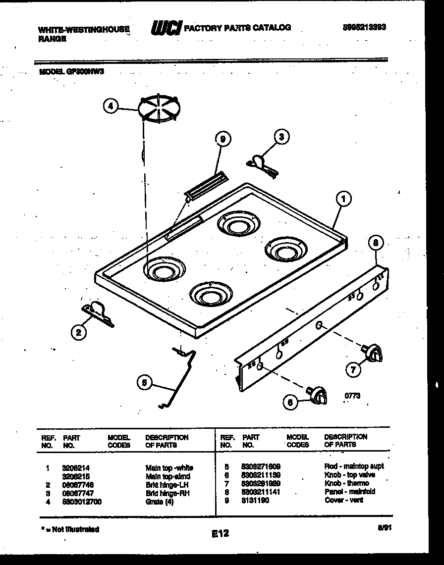 White-Westinghouse GF300NW3 cooktop parts diagram