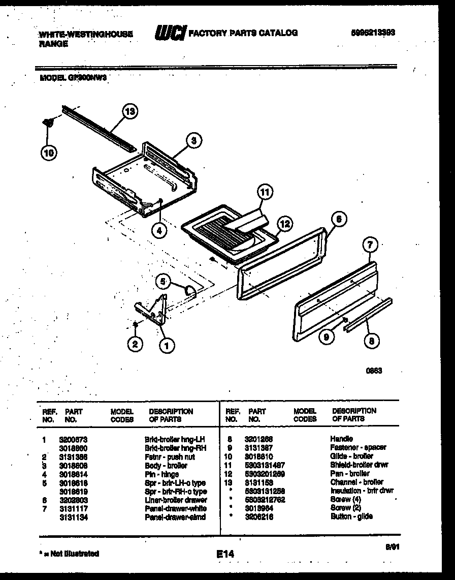 White-Westinghouse GF300NW3 broiler drawer parts diagram