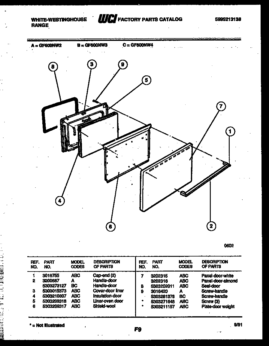 White-Westinghouse GF600ND2 door parts diagram