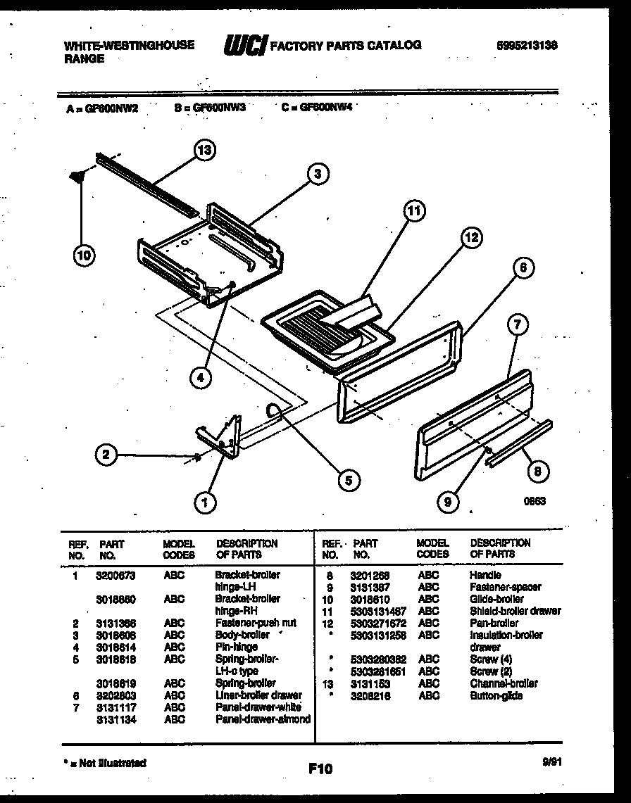 White-Westinghouse GF600ND2 broiler drawer parts diagram