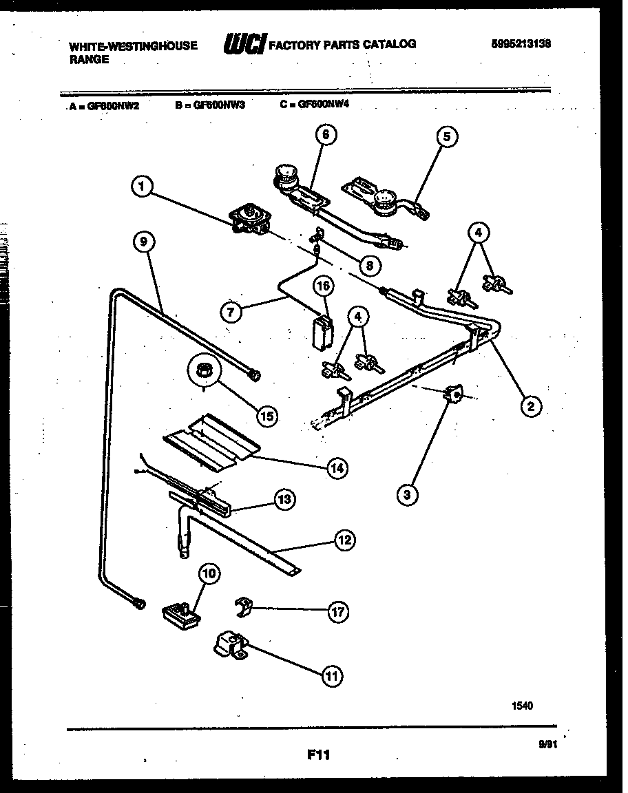 White-Westinghouse GF600ND2 burner, manifold and gas control diagram