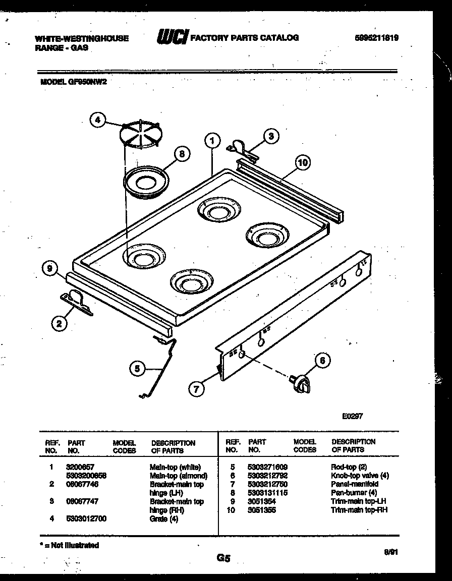 White-Westinghouse GF950NW2 cooktop parts diagram