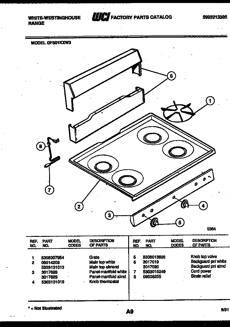 White-Westinghouse GF501KXD3 backguard and cooktop parts diagram