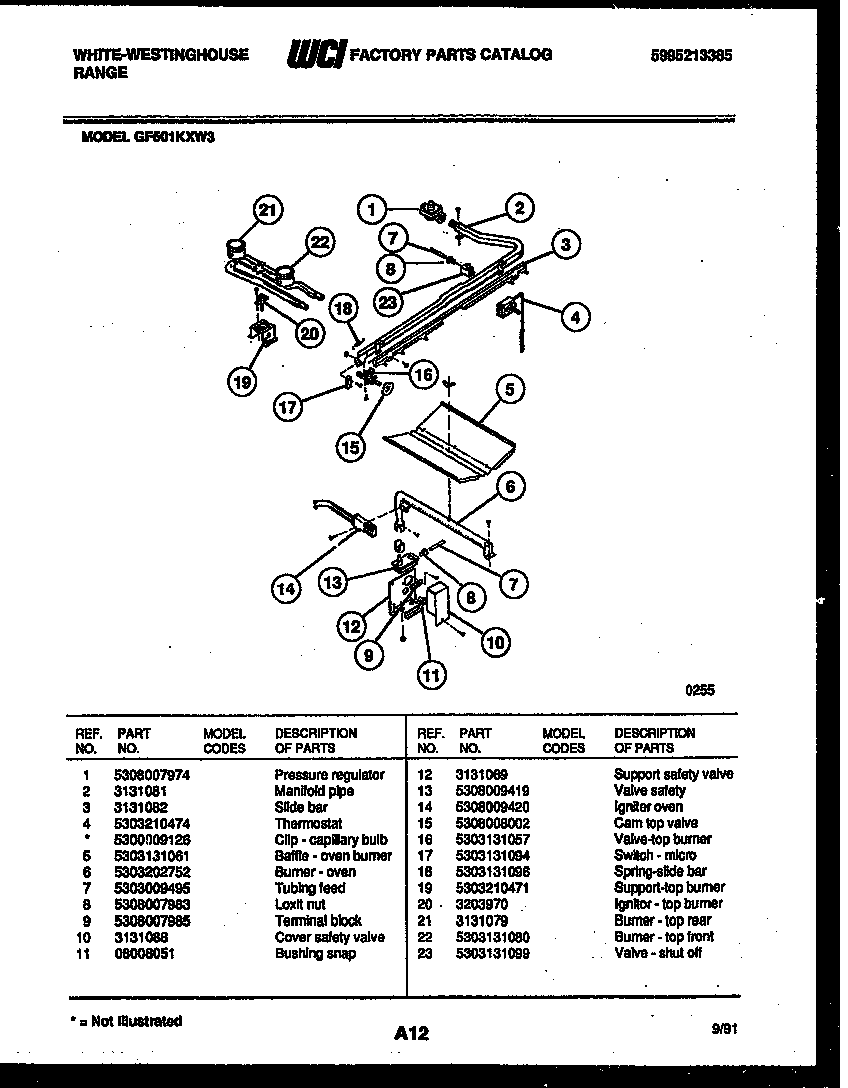 White-Westinghouse GF501KXD3 burner, manifold and gas control diagram