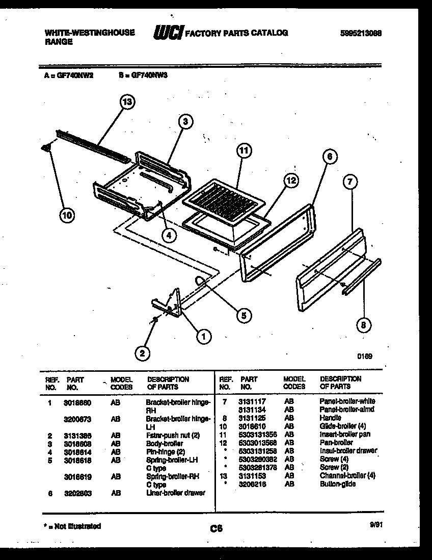 White-Westinghouse GF740ND3 broiler drawer parts diagram