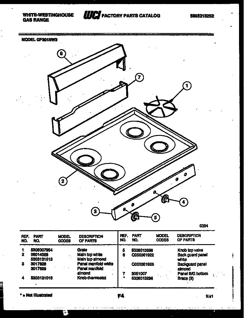 White-Westinghouse GF201NW3 backguard and cooktop parts diagram
