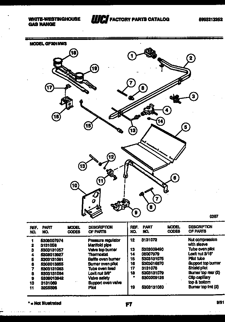 White-Westinghouse GF201NW3 burner, manifold and gas control diagram