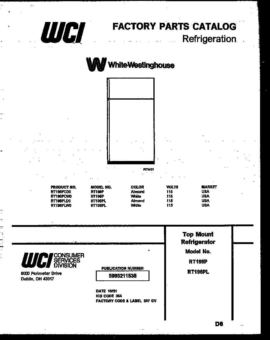 White-Westinghouse RT196PLW0 cover page diagram