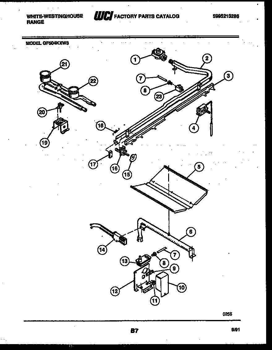 White-Westinghouse GF504KXW3 burner, manifold and gas control diagram