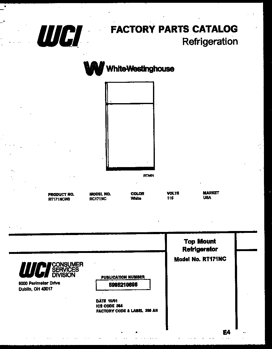 White-Westinghouse RT171NCW0 cover page diagram