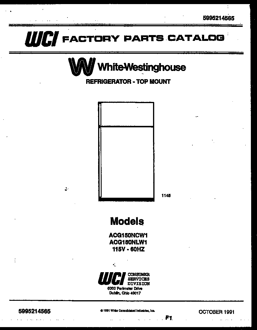 White-Westinghouse ACG150NLW1 cover page diagram