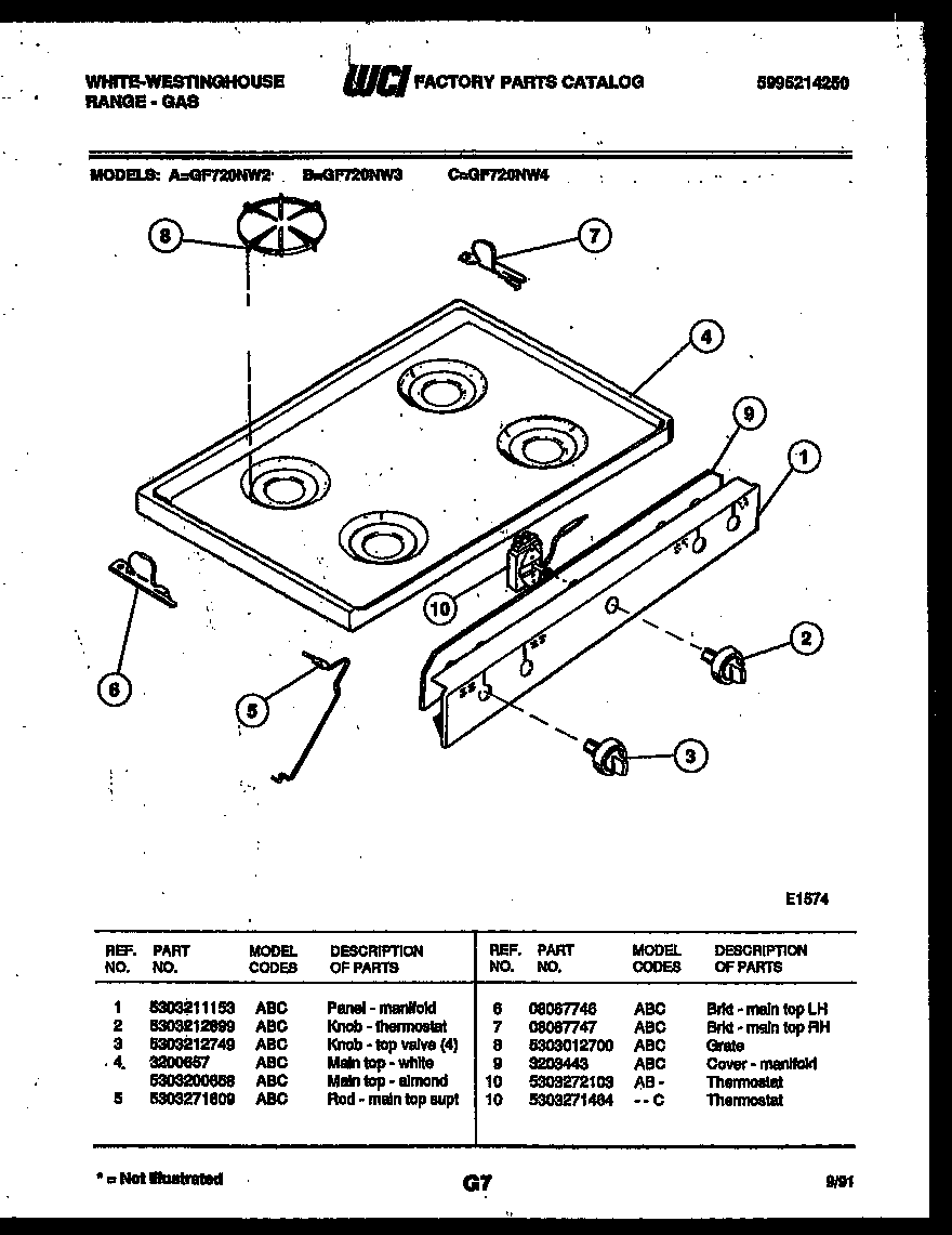 White-Westinghouse GF720NW2 cooktop parts diagram