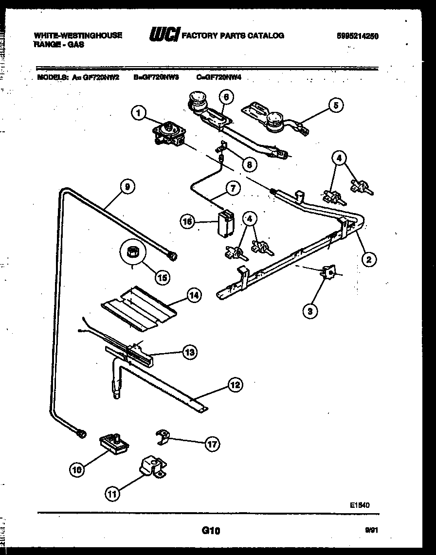 White-Westinghouse GF720NW2 burner, manifold and gas control diagram