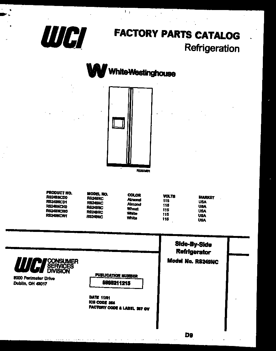 White-Westinghouse RS249NCH0 front cover diagram
