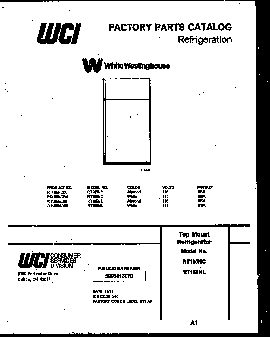 White-Westinghouse RT185NCD0 cover page diagram