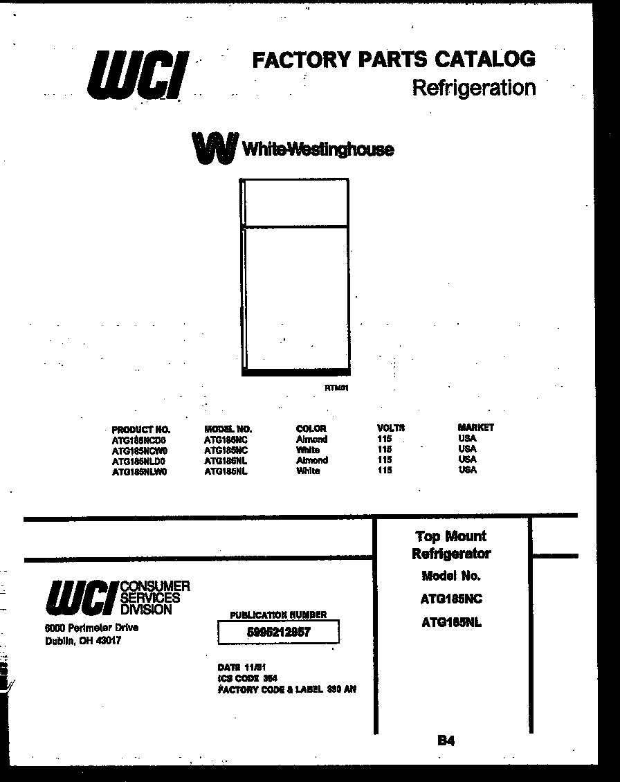 White-Westinghouse ATG185NLD0 cover page diagram
