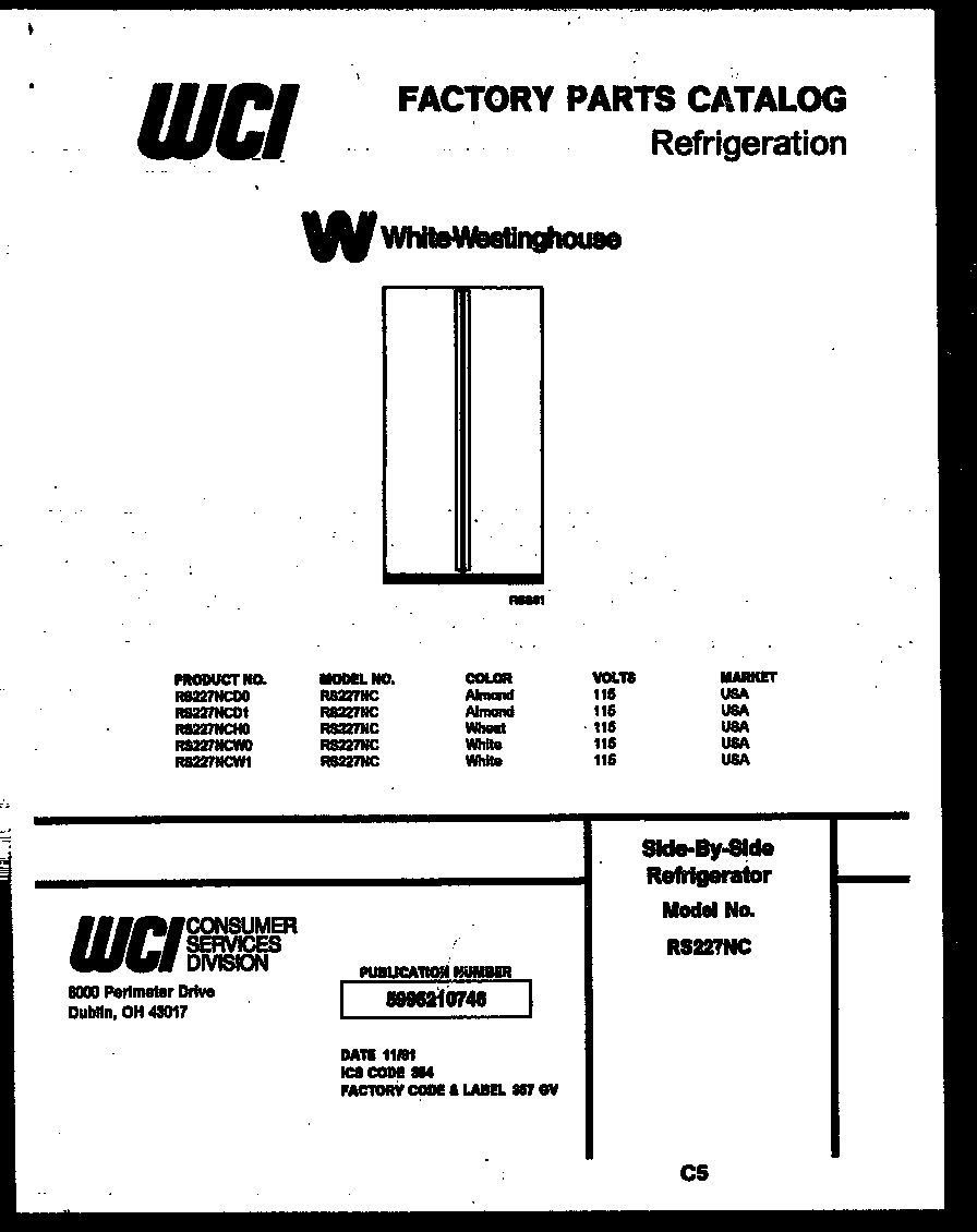 White-Westinghouse RS227NCW0 front cover diagram