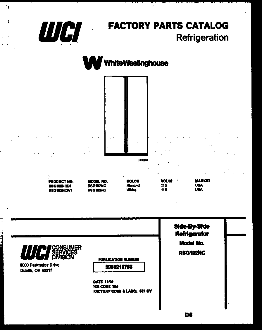 White-Westinghouse RSG192NCW1 front cover diagram