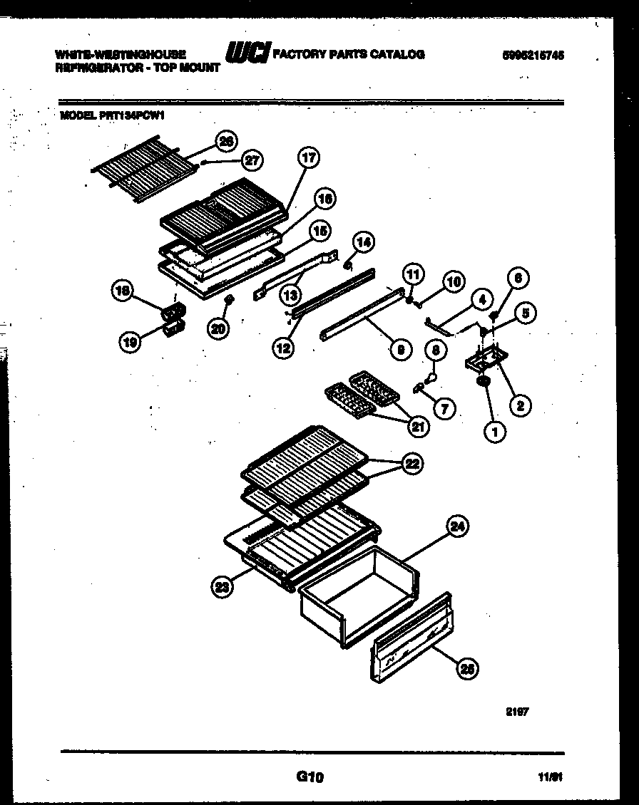 White-Westinghouse PRT134PCW1 shelves and supports diagram