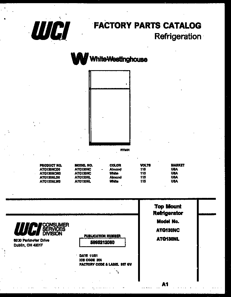 White-Westinghouse ATG130NCW0 cover page diagram