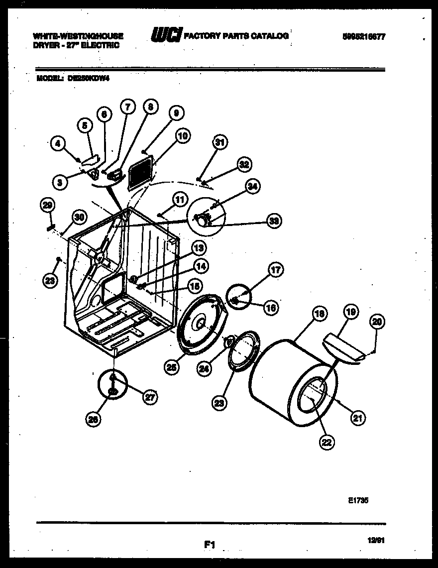 White-Westinghouse DE250KDW4 cabinet and component parts diagram