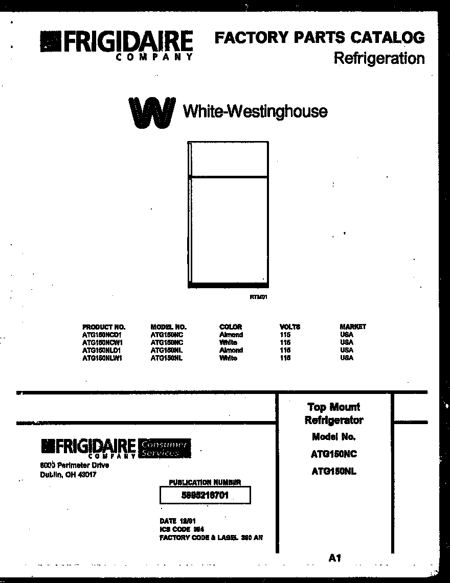 White-Westinghouse ATG150NCW1 cover page diagram