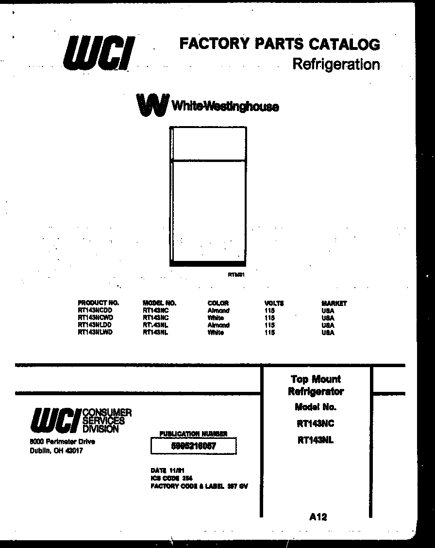 White-Westinghouse RT143NCWD cover page diagram