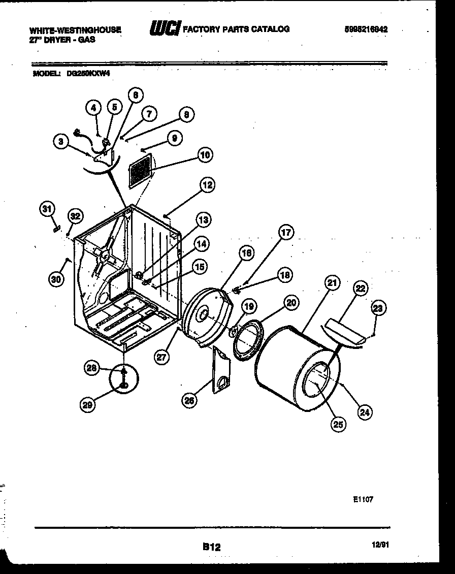 White-Westinghouse DG250KXW4 cabinet and component parts diagram