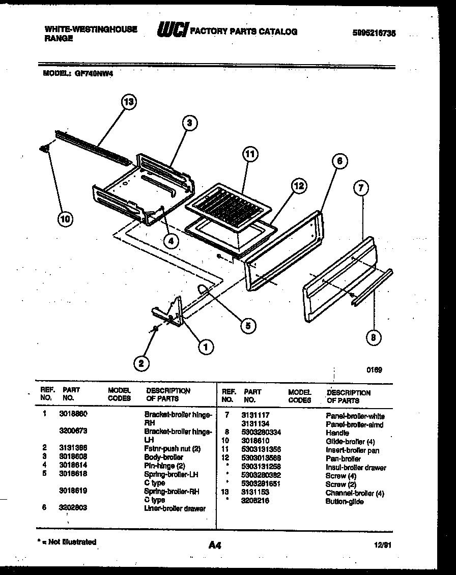 White-Westinghouse GF740ND4 broiler drawer parts diagram