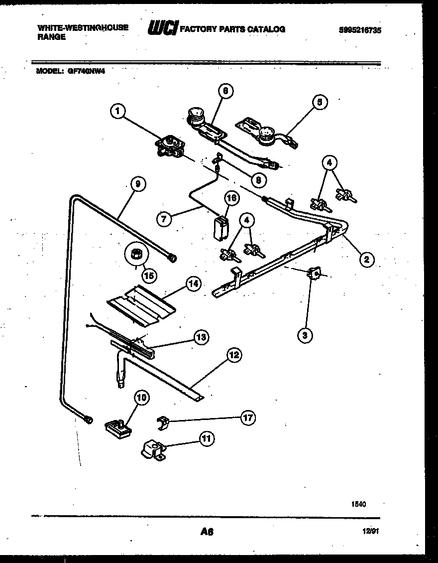 White-Westinghouse GF740ND4 burner, manifold and gas control diagram