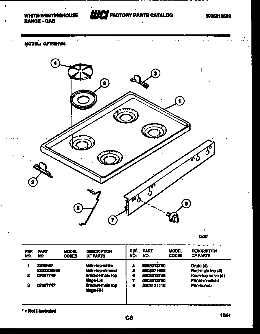 White-Westinghouse GF750NW4 cooktop parts diagram