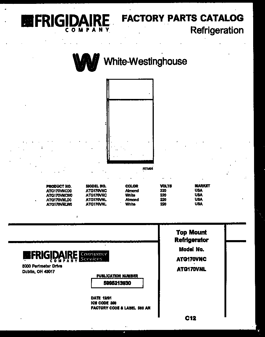 White-Westinghouse ATG170VNLW0 cover page diagram