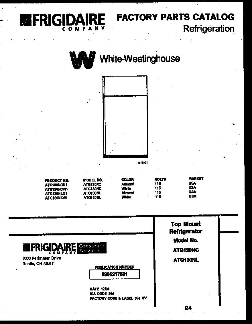 White-Westinghouse ATG130NLW1 cover page diagram