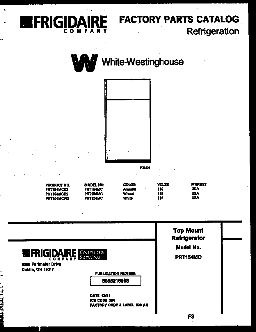 White-Westinghouse PRT154MCD2 cover page diagram