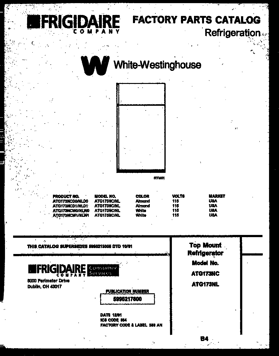 White-Westinghouse ATG173NLD0 cover page diagram