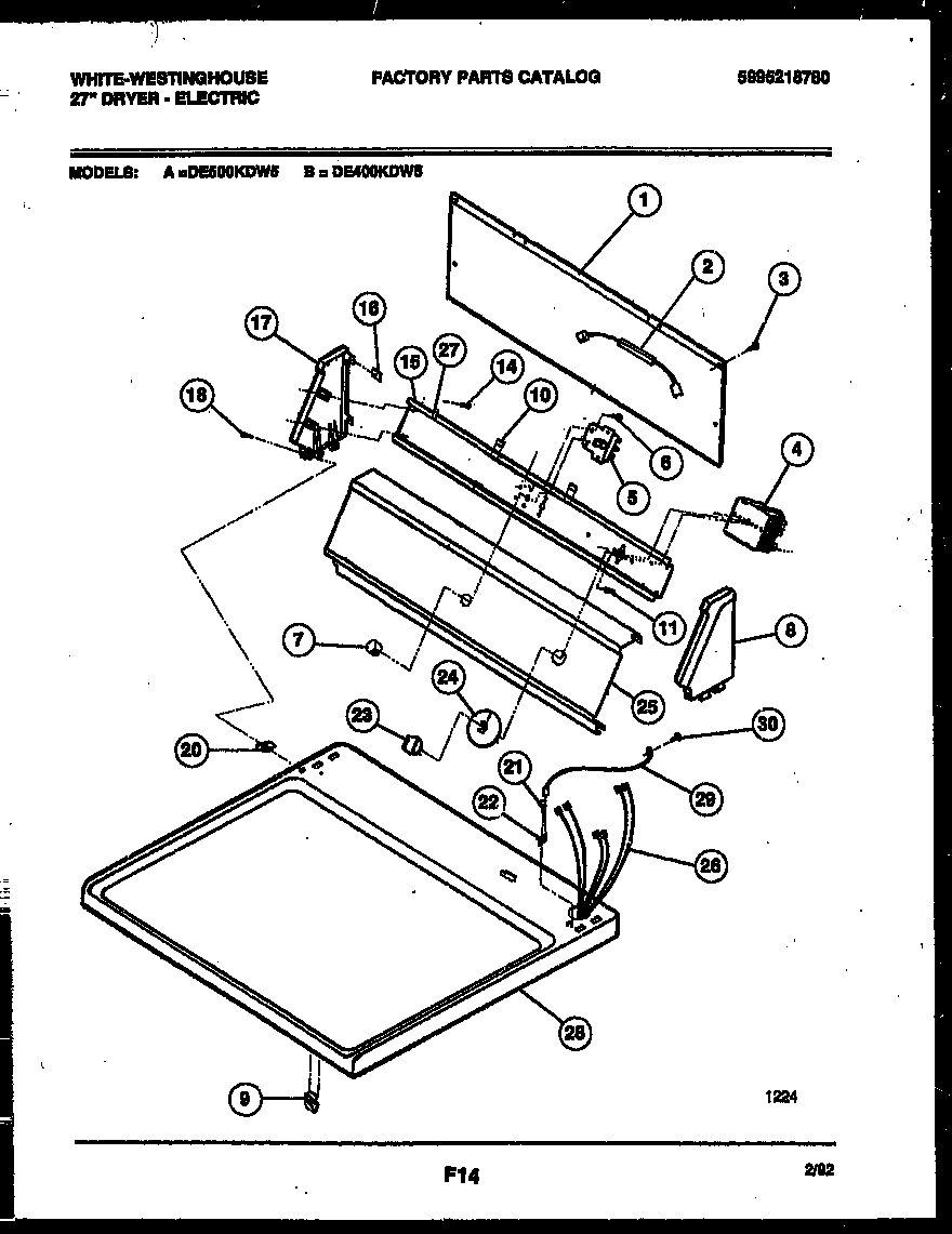 White-Westinghouse DE500KDD5 console and control parts diagram
