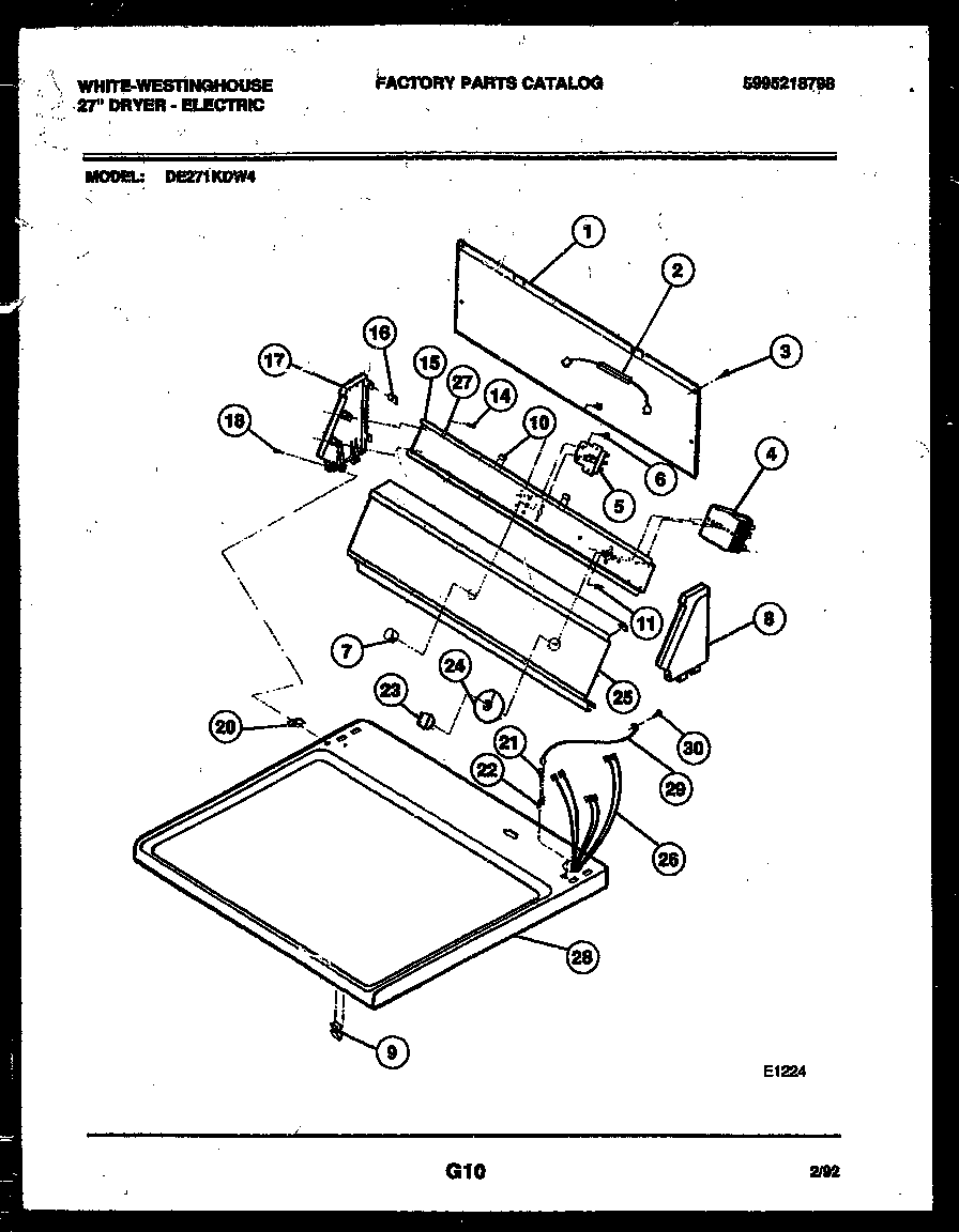 White-Westinghouse DE271KDW4 console and control parts diagram
