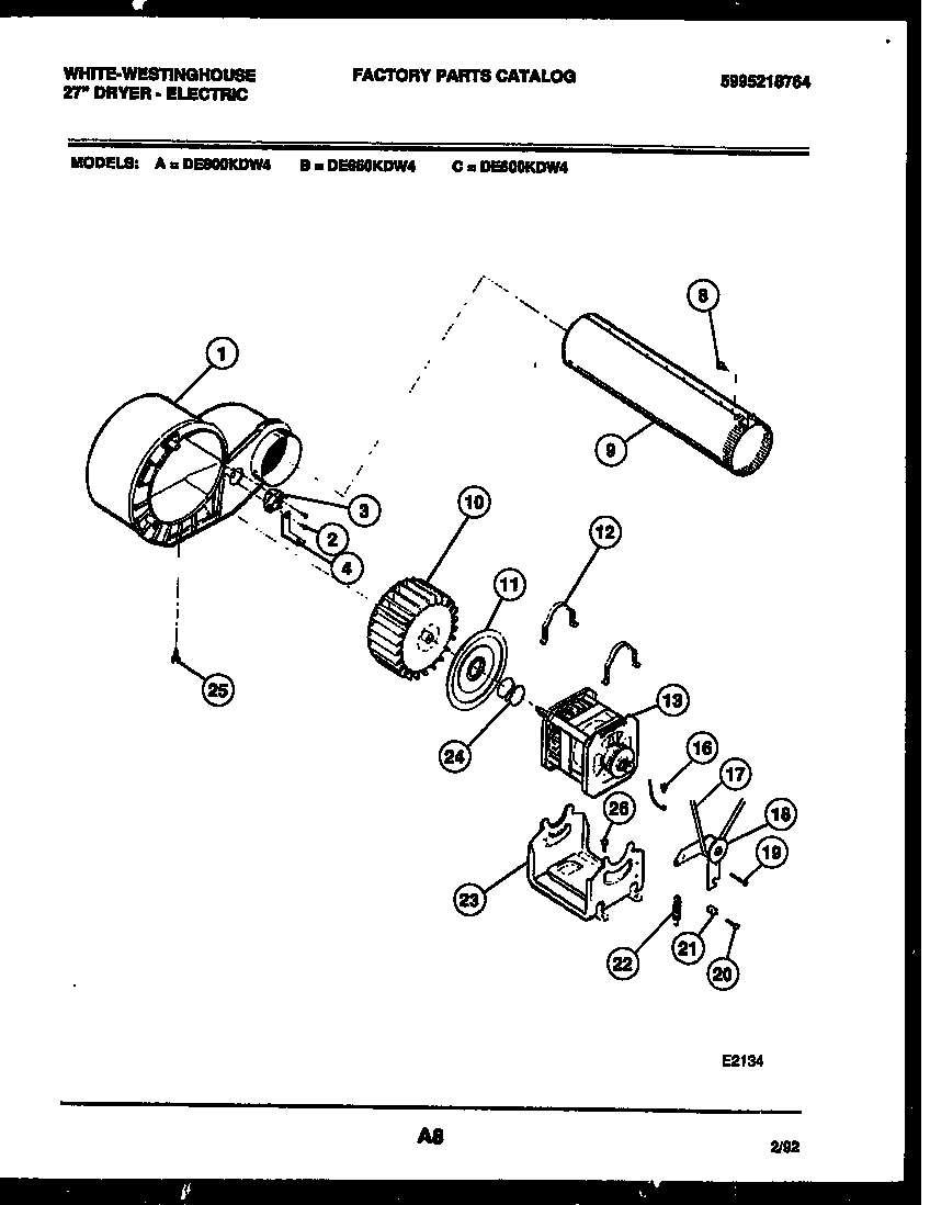 White-Westinghouse DE600KDH4 blower and drive parts diagram