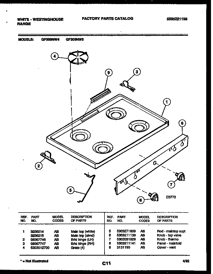 White-Westinghouse GF300NW5 cooktop parts diagram