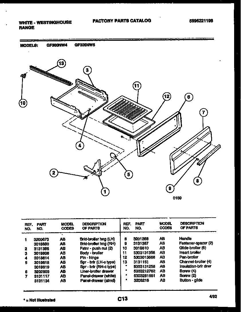 White-Westinghouse GF300NW5 broiler drawer parts diagram