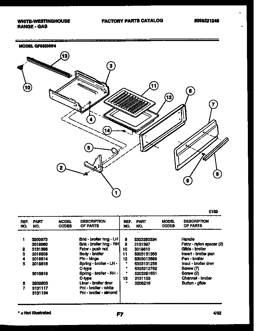 White-Westinghouse GF830NW4 broiler drawer parts diagram