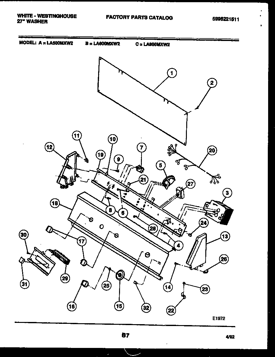 White-Westinghouse LA800MXW2 console and control parts diagram