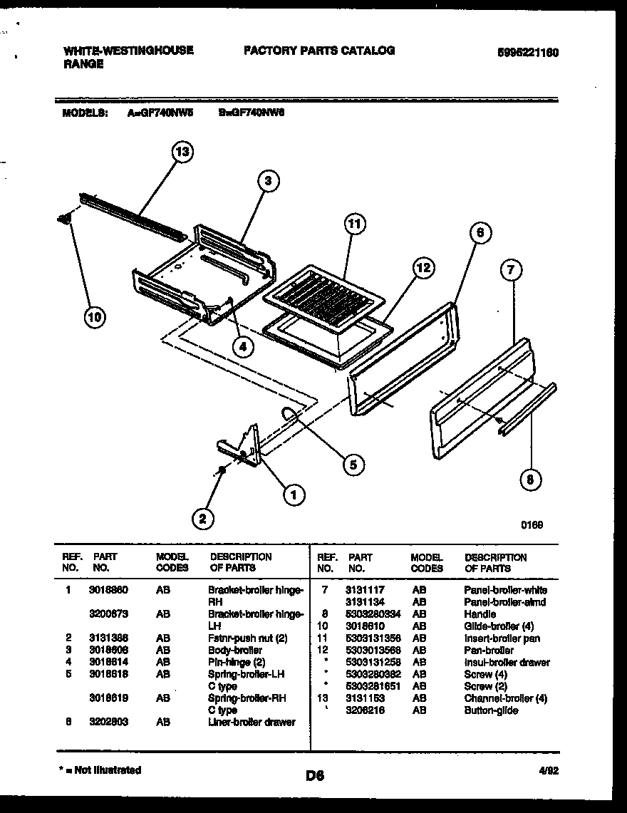 White-Westinghouse GF740NW6 broiler drawer parts diagram