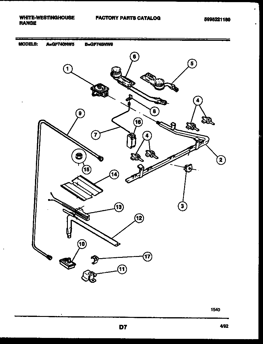 White-Westinghouse GF740NW6 burner, manifold and gas control diagram