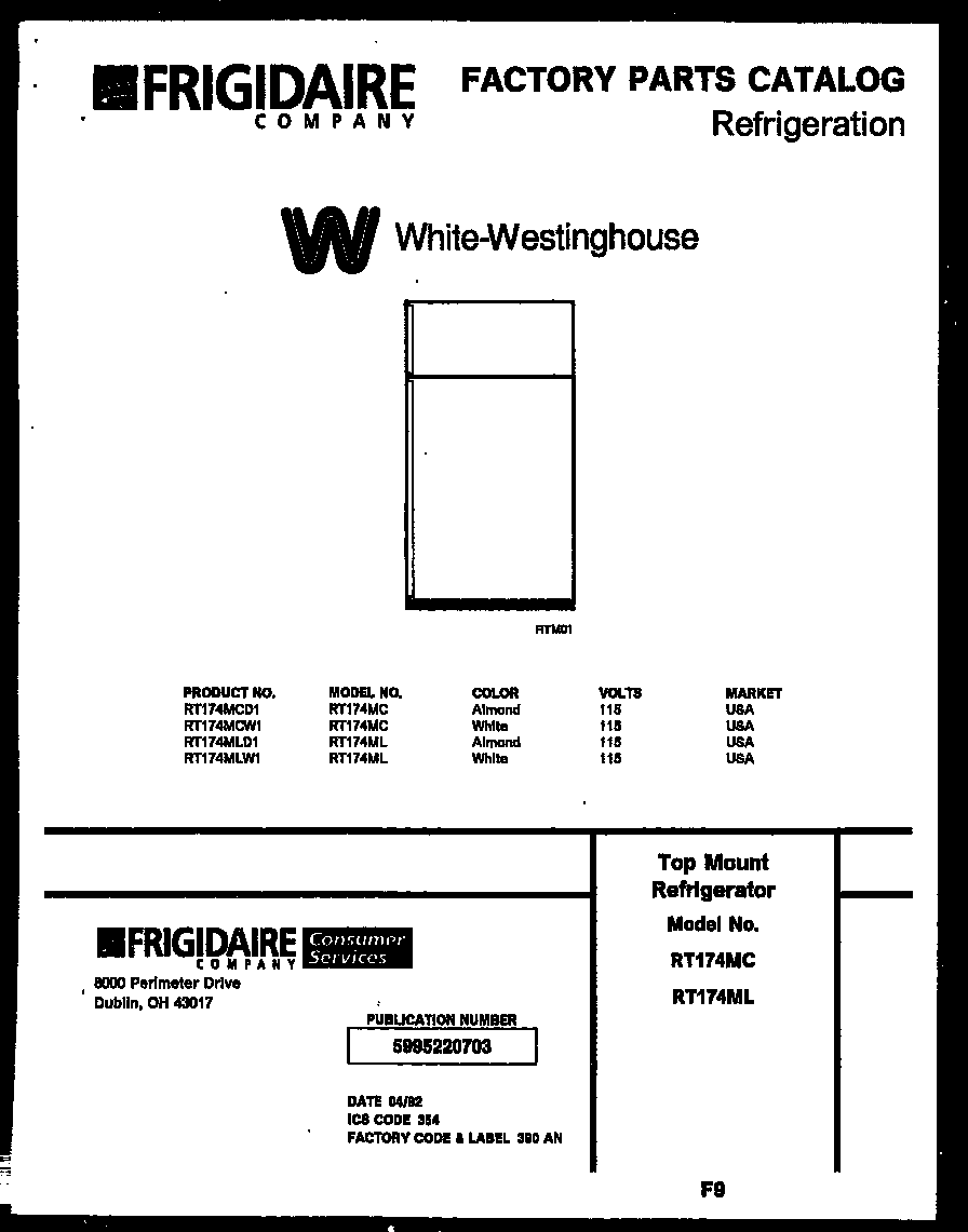 White-Westinghouse RT174MLD1 cover page diagram